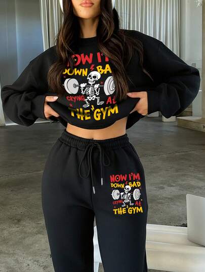 Easithlete Fall/Winter 2025 Women's Wear Winter Women's Wear Two Pieces Women's Sets Gym Sets: Sweatpants With Crewneck Sweatshirts Long-Sleeve Tops Casual Crewneck Simple Long-Sleeves Women's Two Pieces Sets Y2K Style Clothing Streetwear Outerwear Tops Fitness Equipment Prints