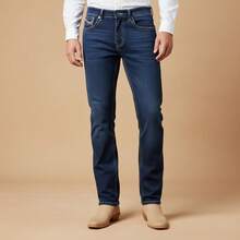 Pantalón vaquero para caballero con bordado puntada ancha en bolsillos traseros y en la bolsa secreta de frente corte recto - Azul Cadete - Ver 1