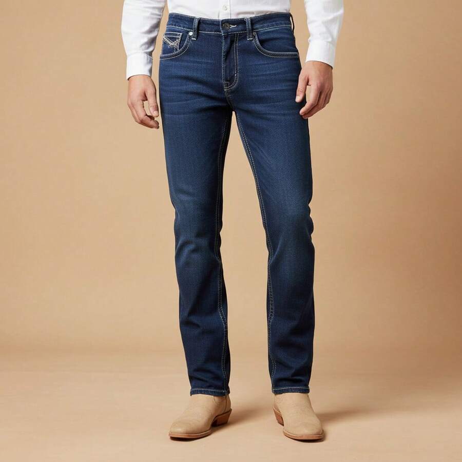 Pantalón vaquero para caballero con bordado puntada ancha en bolsillos traseros y en la bolsa secreta de frente corte recto - Azul Cadete - Ver 1