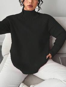 Elenzga Women's Casual Loose Fit Turtleneck Long Sleeve Plus Size Sweater, Suitable For Autumn/Winter Outerwear - Black - View 7