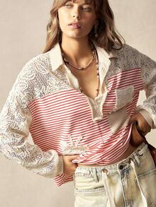 Bohemela 波西米亚风秋冬春季外套，女士复古休闲红色条纹花卉蕾丝拼接半开襟纽扣长袖宽松T恤，西部乡村风格，适合音乐会、度假、日常穿着、返校季、圣诞节、新年、情人节等场合。 - 彩色 - 查看 4