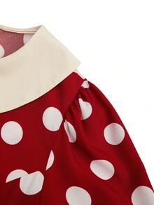 Sweetra 红色波点彼得潘领娃娃裙，休闲优雅学院风复古A字伞裙，简约及膝大码女装 - 紅色 - 查看 9