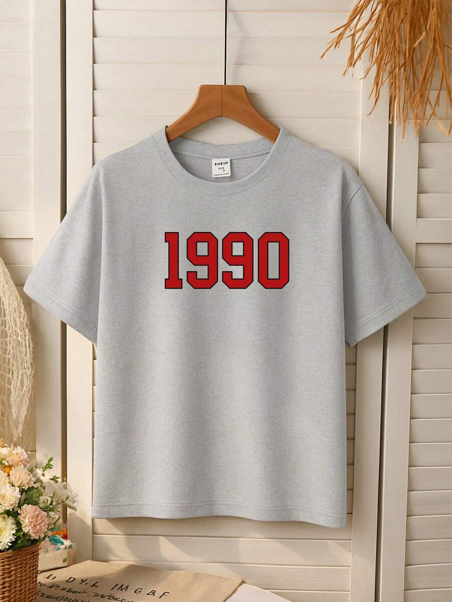 Teen Girl Round Neck Short Sleeve T-Shirt,Red 1990 Numeric Print Casual Daily Wear,Fashionable Minimalist,Summer Graduation Sport Back-To-School - Grey - View 1