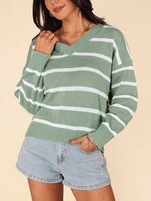 Coeurva Black White V Neck Striped Pattern Drop Shoulder Sweater,Knitted Sweater In Fall/Winter - Green - View 6
