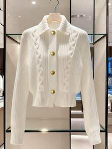 GlowEve 秋冬新款金属纽扣翻领长袖罗纹纹理休闲舒适时尚优雅女士开衫毛衣 - 彩色 - 查看 1