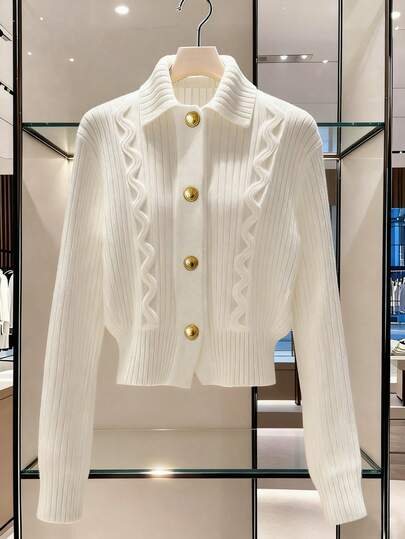 GlowEve 秋冬新款金属纽扣翻领长袖罗纹纹理休闲舒适时尚优雅女士开衫毛衣