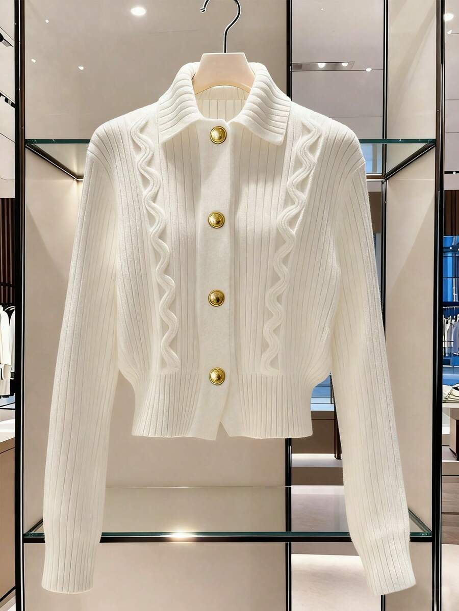 GlowEve 秋冬新款金属纽扣翻领长袖罗纹纹理休闲舒适时尚优雅女士开衫毛衣 - 彩色 - 查看 1