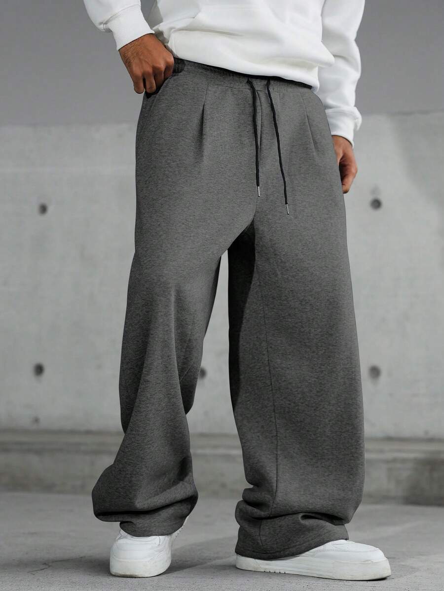 Manfinity EMRG Men's Solid Color Drawstring Waist Pleated Wide Leg Loose Casual Sweatpants Men Grey Flared Oversized Pants Bottom For - Dark Grey - View 1