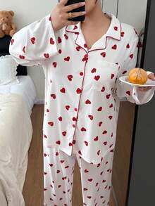 SHEIN Women's Plus Size Allover Heart Print Long Sleeve Pajama Set, Suitable For Outerwear Heart Comfy Pajamas Set, Winter Clothes - Multicolor - View 6