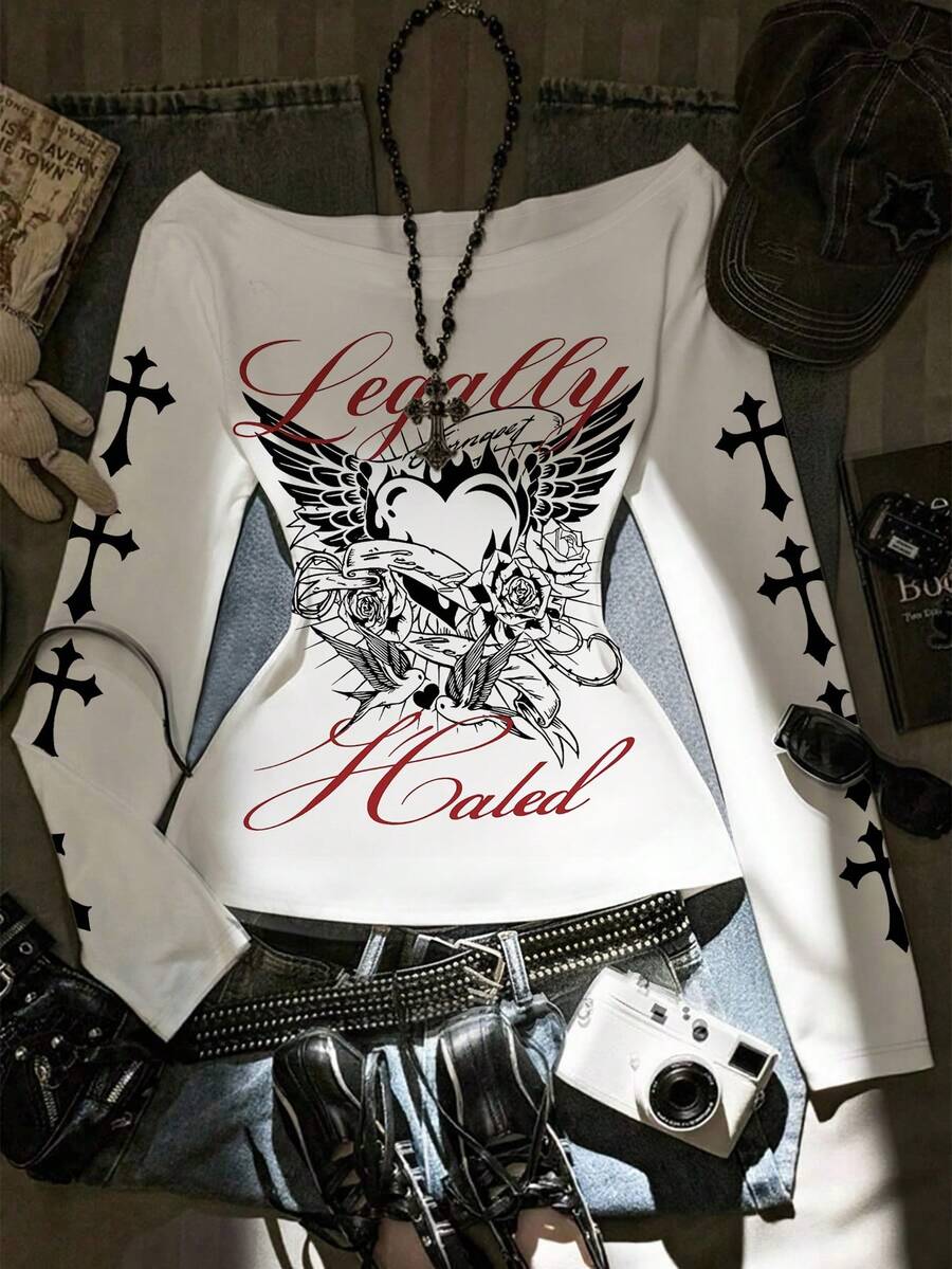 Glimmora Áo thun nữ tay dài trễ vai dáng ôm, phong cách vintage, thời trang và đa năng, kiểu dáng retro Y2K, chất liệu mềm mại, quà tặng cho chị em gái, quà tặng tựu trường, quà tặng ngày lễ. - trắng - Xem 1