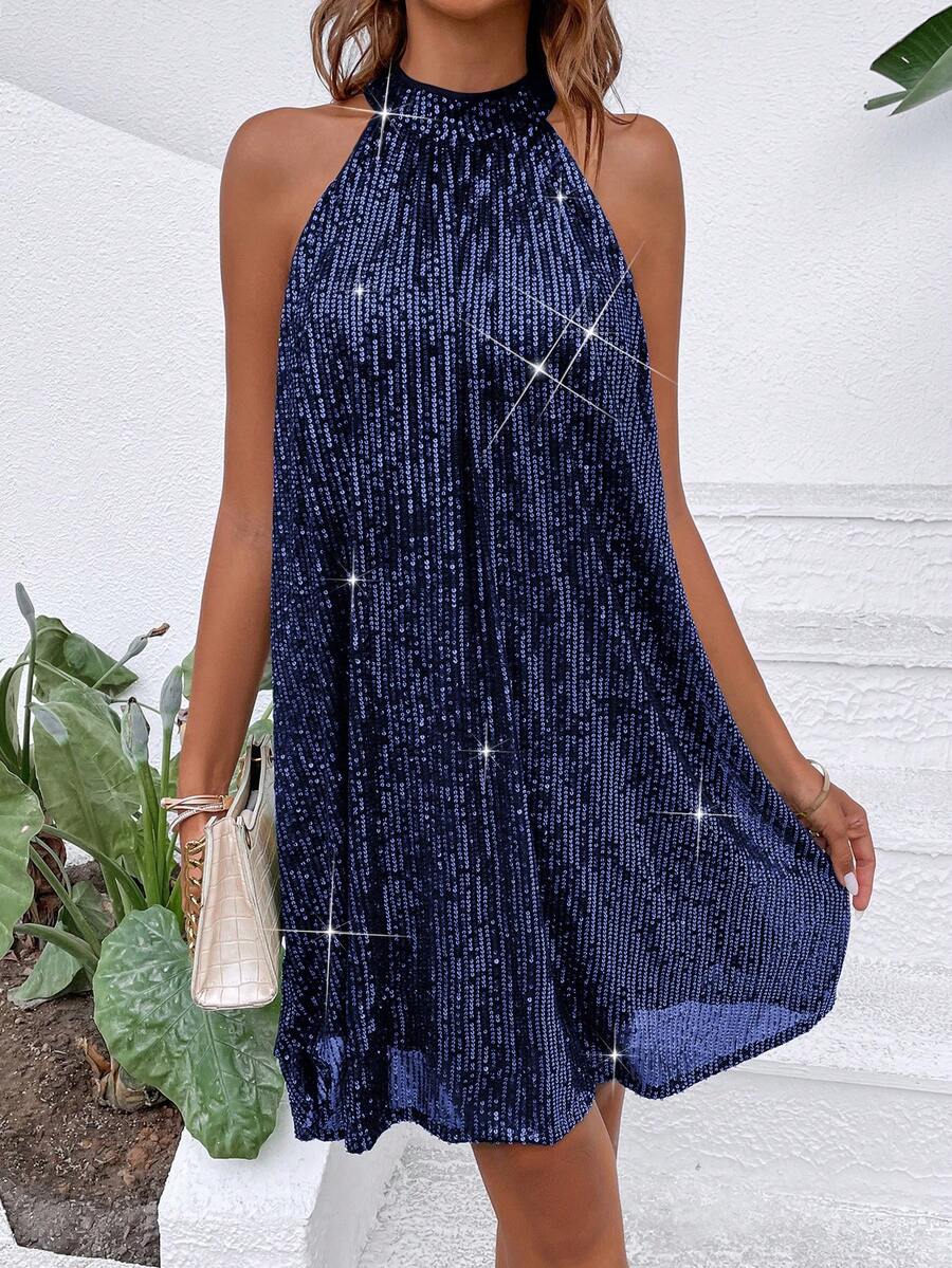Breezaya Gaun Wanita Polos Berpayet Elegan dengan Leher Halter - Navy Blue - View 1