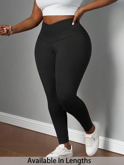 Solflare Plus Size Women Black Casual Minimalist Versatile Commute Solid Color Overlap High Waist Elastic Skinny Leggings,Fall Clothes For Women