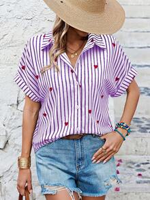 SHEIN LUNE 女士翻领单排扣条纹心形印花休闲短袖衬衫 - 彩色 - 查看 4