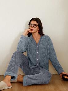 Doze Lane 女士毛绒提花撞色开衫和裤子睡衣套装 - 彩色 - 查看 5