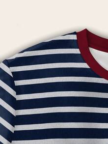 INAWLY 女士条纹圆领休闲宽松长袖上衣 - 藍白色 - 查看 3