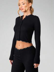 MISSGUIDED Ribbed Button Front Long Sleeve Sleep Top With Contrast Trim Detail - Black - View 6