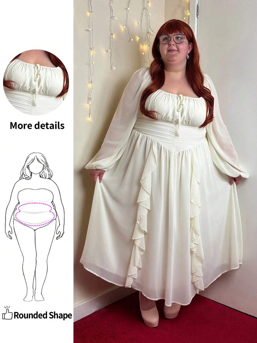 Enliva 大码女式杏色荷叶边灯笼袖连衣裙、秋季女式连衣裙、服装、文艺复兴博览会、返校节礼服、秋季婚礼宾客礼服、早午餐女装、海盗裙、秋季女式服装连衣裙、毕业礼服 - 杏色 - 查看 1