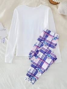 女童 2 件組白色居家服套裝，卡通兔子印花長袖上衣與格紋長褲睡衣，適合秋季夜晚，舒適貼身睡衣 - 彩色 - 查看 2