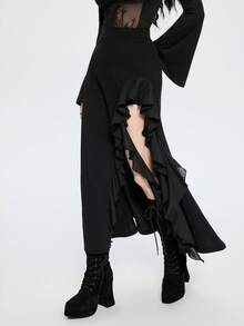 Breakform 女士哥特风性感弹力腰开衩拼接雪纺层叠荷叶边流苏修身A字长裙 - 黑色 - 查看 6