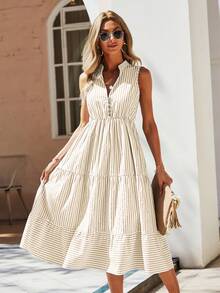 Breezaya 度假休闲条纹翻领无袖连衣裙 - 黃色 - 查看 6