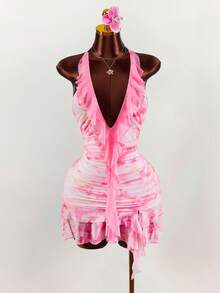 Amplova Vestido mini con escote en V profundo, volantes, lazo y estampado floral con volante en el bajo - Rosa - Ver 1
