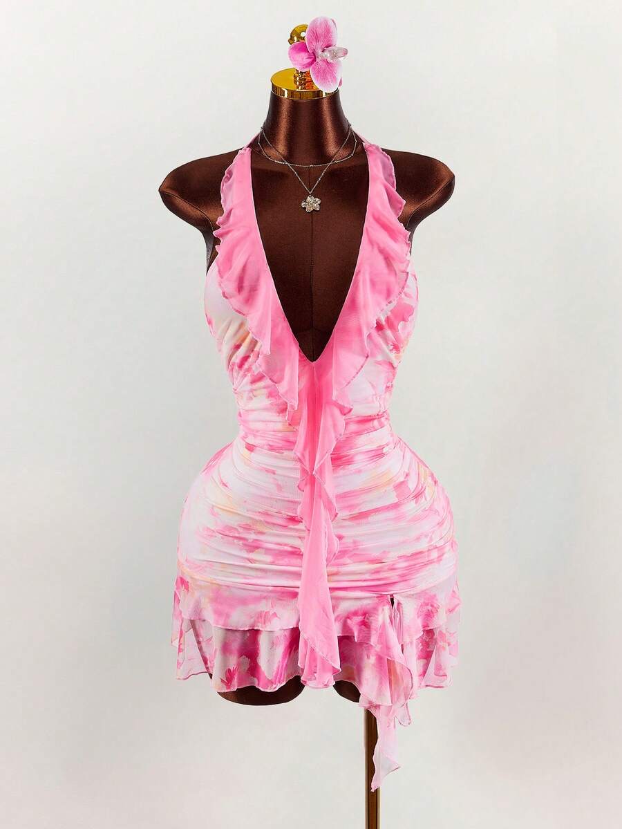 Amplova Vestido mini con escote en V profundo, volantes, lazo y estampado floral con volante en el bajo - Rosa - Ver 1