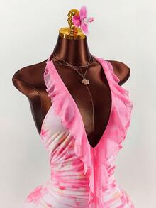 Amplova Vestido mini con escote en V profundo, volantes, lazo y estampado floral con volante en el bajo - Rosa - Ver 5