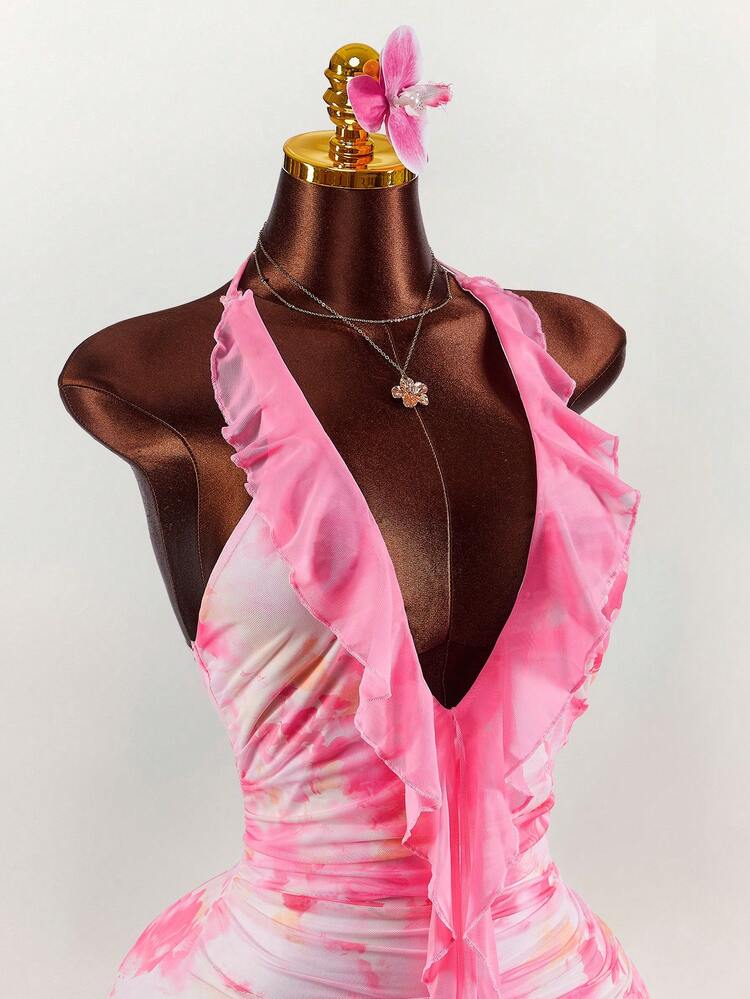 Amplova Vestido mini con escote en V profundo, volantes, lazo y estampado floral con volante en el bajo - Rosa - Añade 5