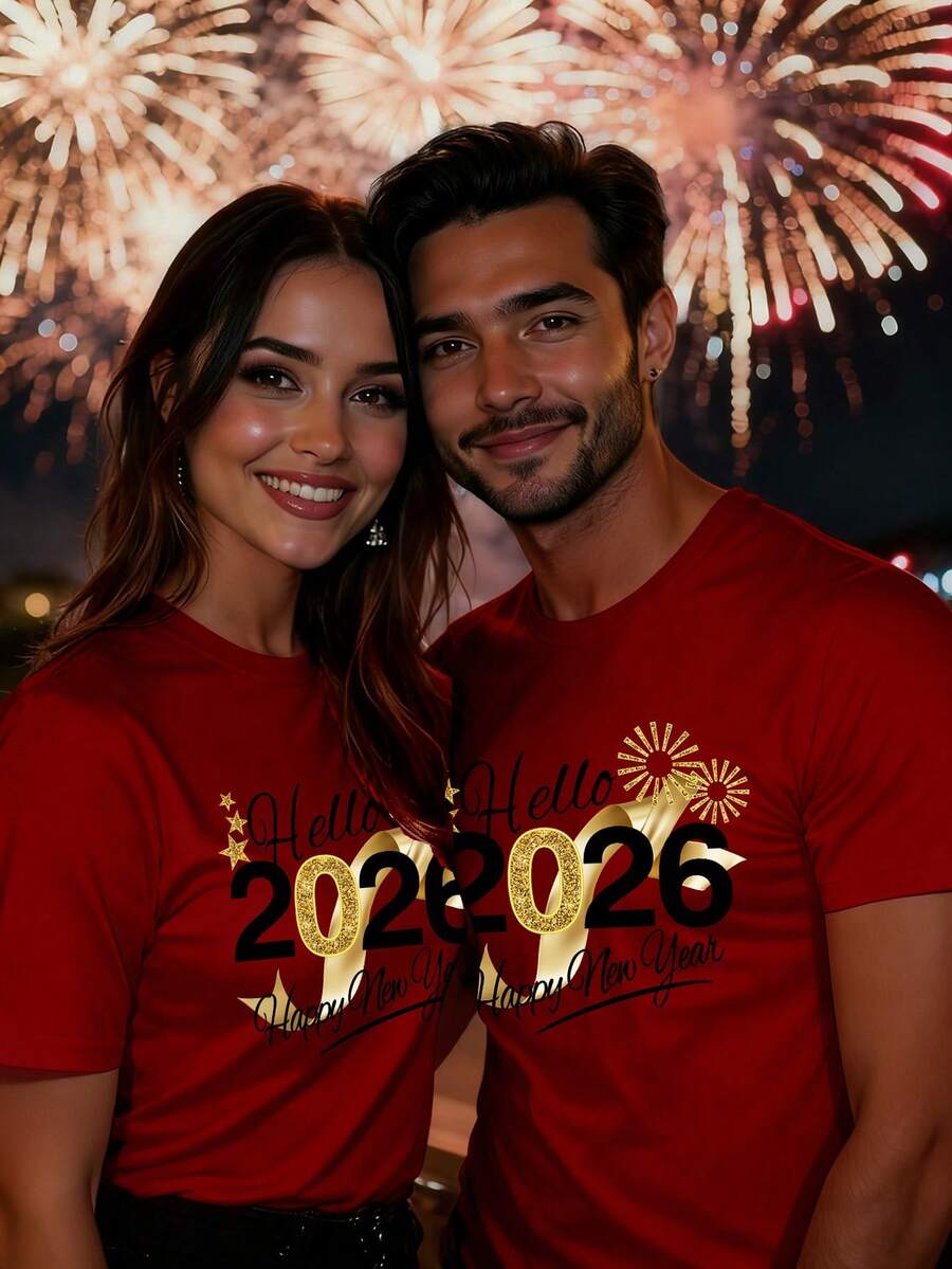 Manfinity Homme 男女通用2026新年快乐红色T恤,节日金色丝带元素2026新年限量版情侣圆领T恤 - 紅色 - 查看 1