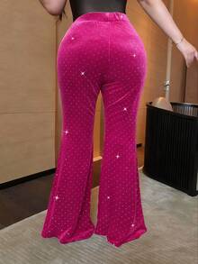 Flirla Plus Size Black Rhinestone Embellished Slim Fit Flare Leg Pants - Hot Pink - View 2