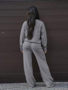 SAYEHFBABY 2 件套女士休闲宽松纯色长袖上衣和阔腿裤套装 - 深灰色 - 查看 2