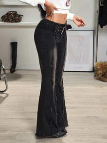 Jeanoix Y2K 低腰金属扣毛边复古水洗喇叭牛仔裤 - 黑色 - 查看 5