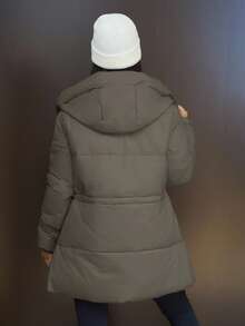 SAYEHFBABY 时尚休闲可调节腰部绗缝中长款连帽加厚棉服外套女士冬季服装 - 灰色 - 查看 2