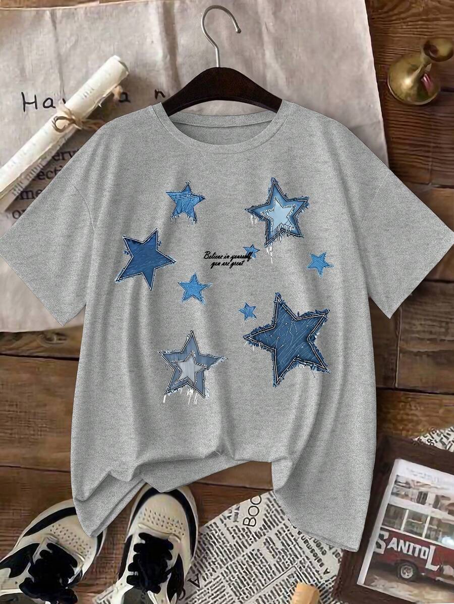 INAWLY EZwear Casual T-Shirt, Star And Letter Graphic, Suitable For Women, Elastic Round Neck Short Sleeve Graphic Tees Women Tops - Grey - View 1
