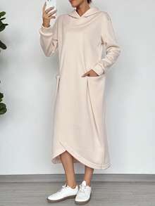 EMERY ROSE 女士休闲宽松法式慵懒连帽卫衣连衣裙 - 卡其色 - 查看 6