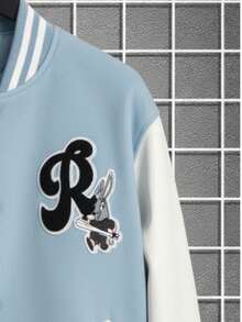 Chaqueta universitaria para hombre estilo casual juvenil con bordado creativo, ajuste holgado, cuello alto, manga larga, primavera otoño, uso diario, chamarra - Azul - Ver 5