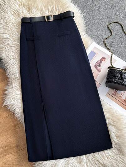 Modelyn 复古高腰开衩A字裙，修身时尚