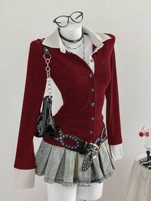 Sweetra 新款秋冬撞色纽扣修身百搭OL衬衫 - 酒紅色 - 查看 6