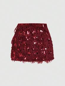 Sweetra تنورة على شكل حرف A مزينة بالترتر البرغندي والفرو الصناعي، ملابس حفلات عصرية للنساء - عنابي اللون - مشاهدة 3