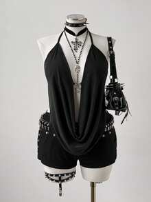 Sunspun 大码女式纯色性感休闲垂褶领吊带背心 - 黑色 - 查看 1