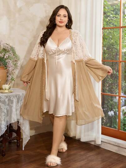 Côtesoire Khaki Plus Size Robe Sets With Bell Sleeve And Ruffle Hem For Women Sexy Sleepwear