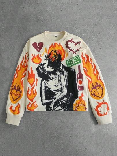 PAVTROS 男士套头卫衣，火焰印花设计，杏色，高耐磨， 潮流单品，适合室内外穿着，休闲街头风、运动风、日常通勤风、度假风，送给男友/老公的绝佳礼物，情侣款。