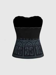 ROMWE Áo crop top thánh giá bằng ren hình thánh giá bằng kính màu kiểu Gothic - màu đen - Xem 2