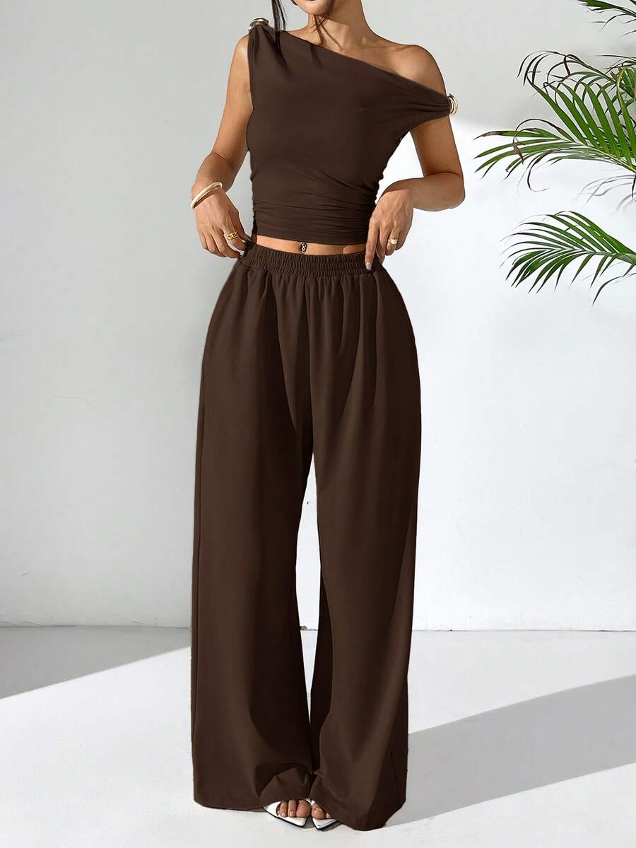 SHEIN EZwear 女士不对称肩部上衣和长裤套装,夏季 - 棕色 - 查看 1
