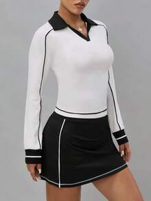 Dewbera 2pcs/Set Fitted Long Sleeve Top And Skirt Tennis Outfit