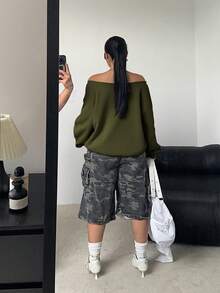 POPSWAY Áo nỉ dài tay lót nhiệt hở vai thời trang, dáng rộng, cỡ lớn - xanh quân đội - Xem 2