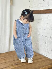 SHEIN 女婴深蓝色牛仔无袖白色条纹连体锥形裤 - 淺色水洗藍 - 查看 7