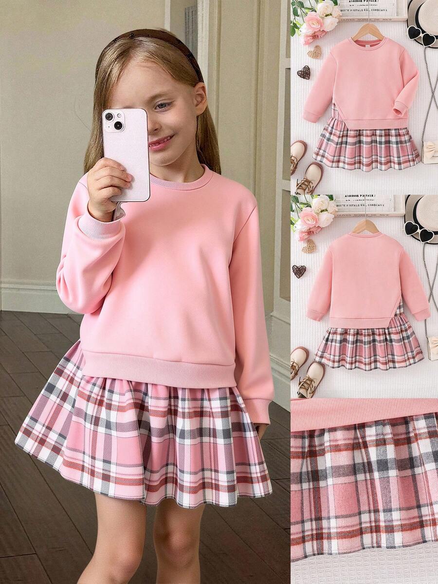 SHEIN Young Girl Casual Commuting School Style Plaid Hem 2 In 1 Sweatshirt Dress, Autumn/Spring - Pink - View 1