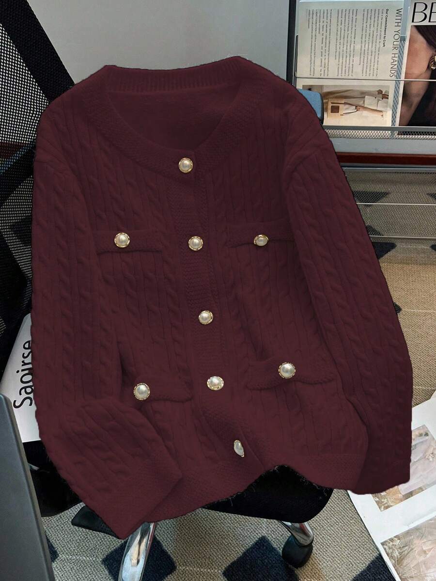 GlowEve CURVE 女士休闲法式宽松长袖开衫毛衣，大码，适合外出和婚礼宾客穿着，秋冬季 - 酒紅色 - 查看 1