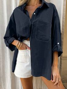 Airaco 女式纯色深蓝色时尚设计休闲长袖衬衫 - 寶藍色 - 查看 4